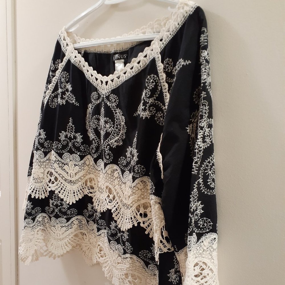 Venus boho top, cotton, size 10, black with  pretty cream embroidery stitching